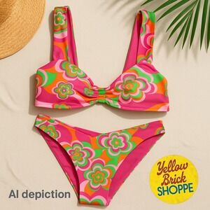 Bingo Surf Tropidelic Bikini Set Flower Power Pink Orange Green Swimsuit‎ XL